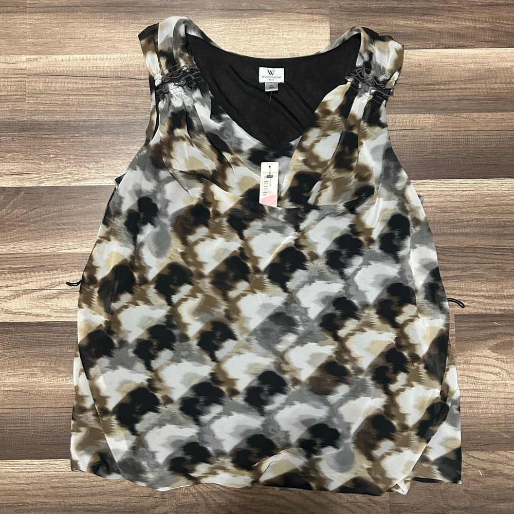 Worthington Blouse PL Brown Black NWT Cowl Neck Abstract Sleeveless Earthy Fall